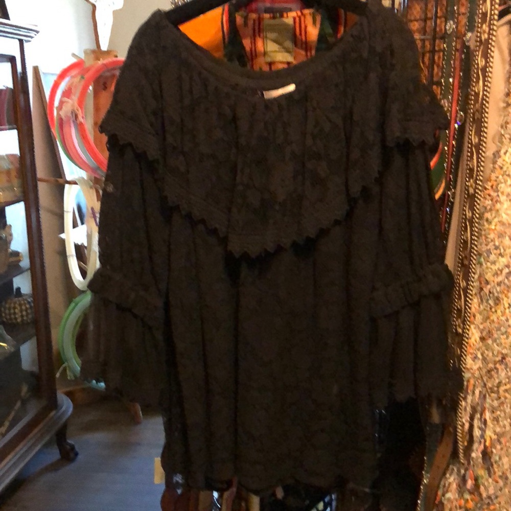 Roja Womens La Chica Tunic Lace peasant top black with full sleeve.100% Cotton.